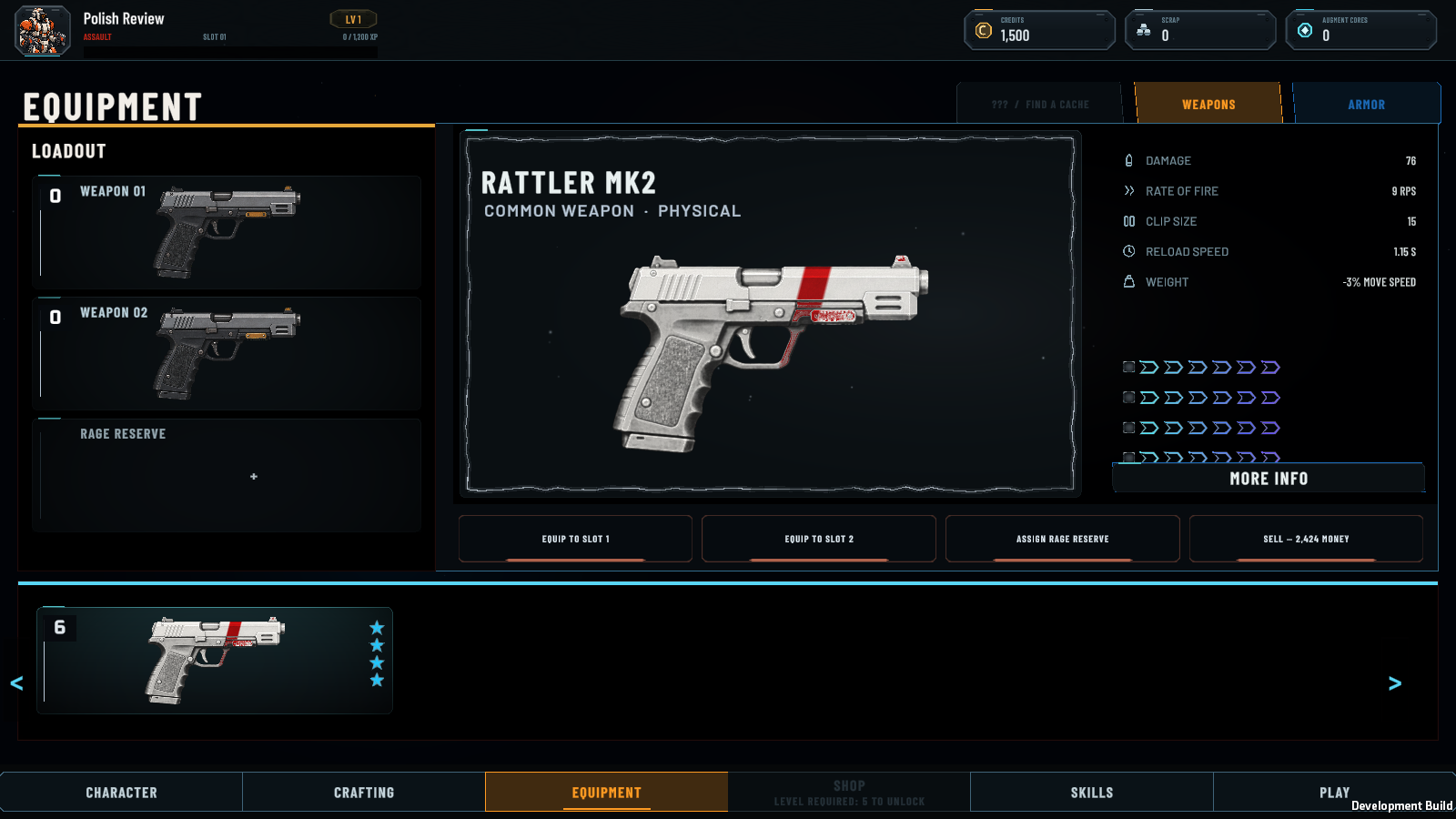 September 22 equipment capture showing the white and red Rattler MK2, augment slots and Assault Rage reserve