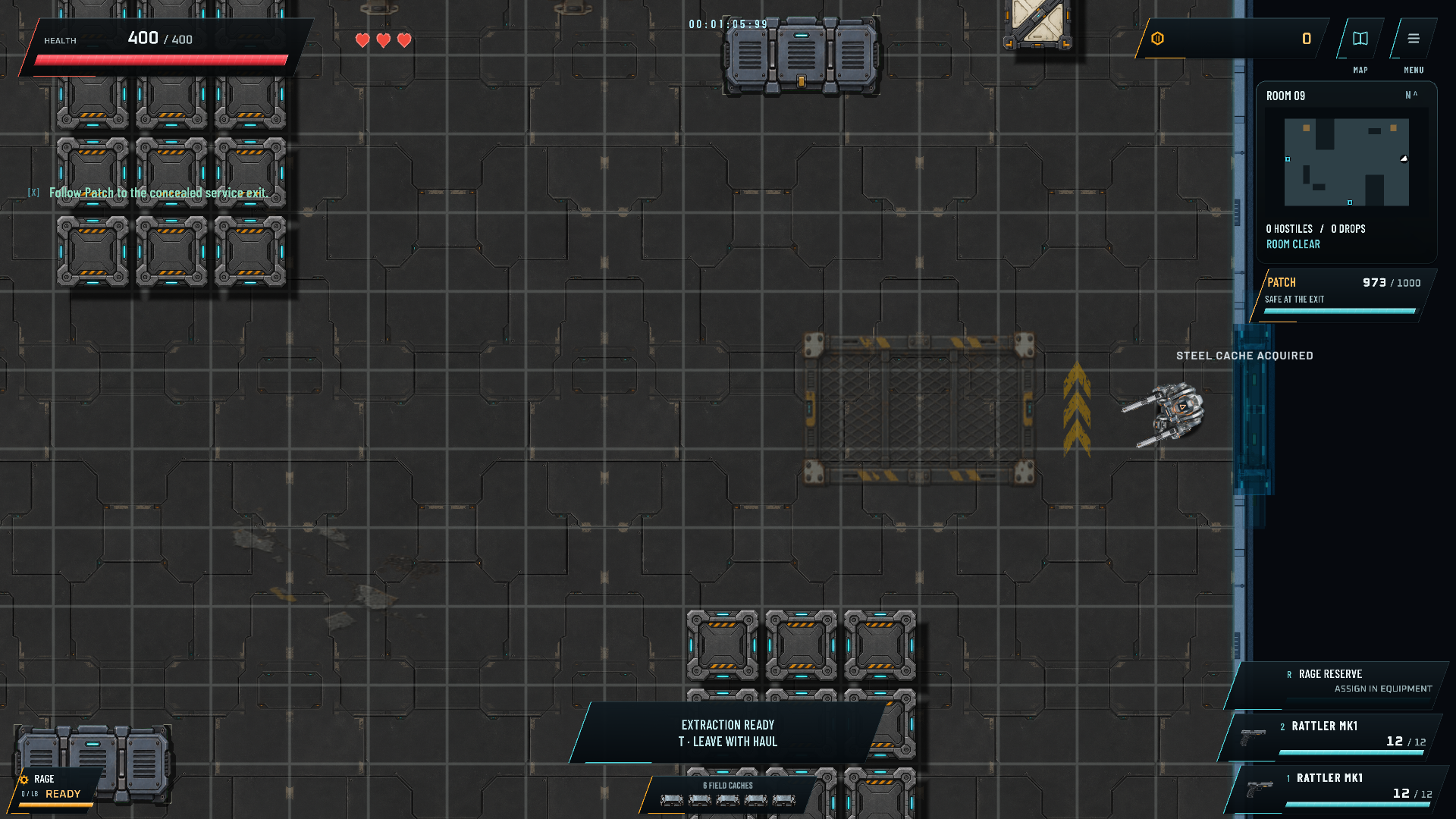 Factory gameplay with compact abilities, centered field caches, and the extraction prompt