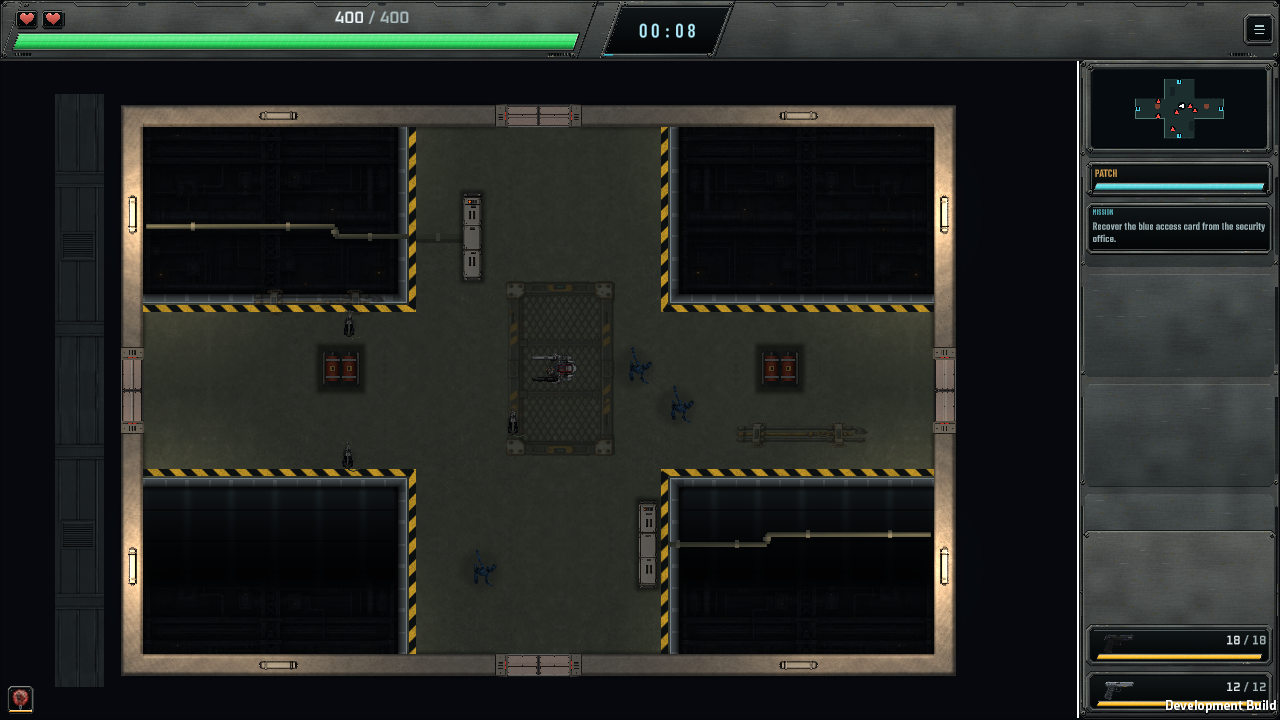 October 1 Windows development capture of the Factory cross room, with lit concrete walls, aligned doors, machinery and the combat HUD