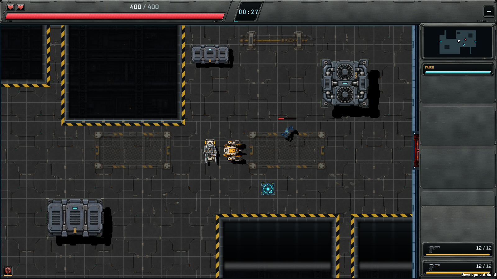 September 22 development capture of the factory with Patch, the scanner and the combat HUD