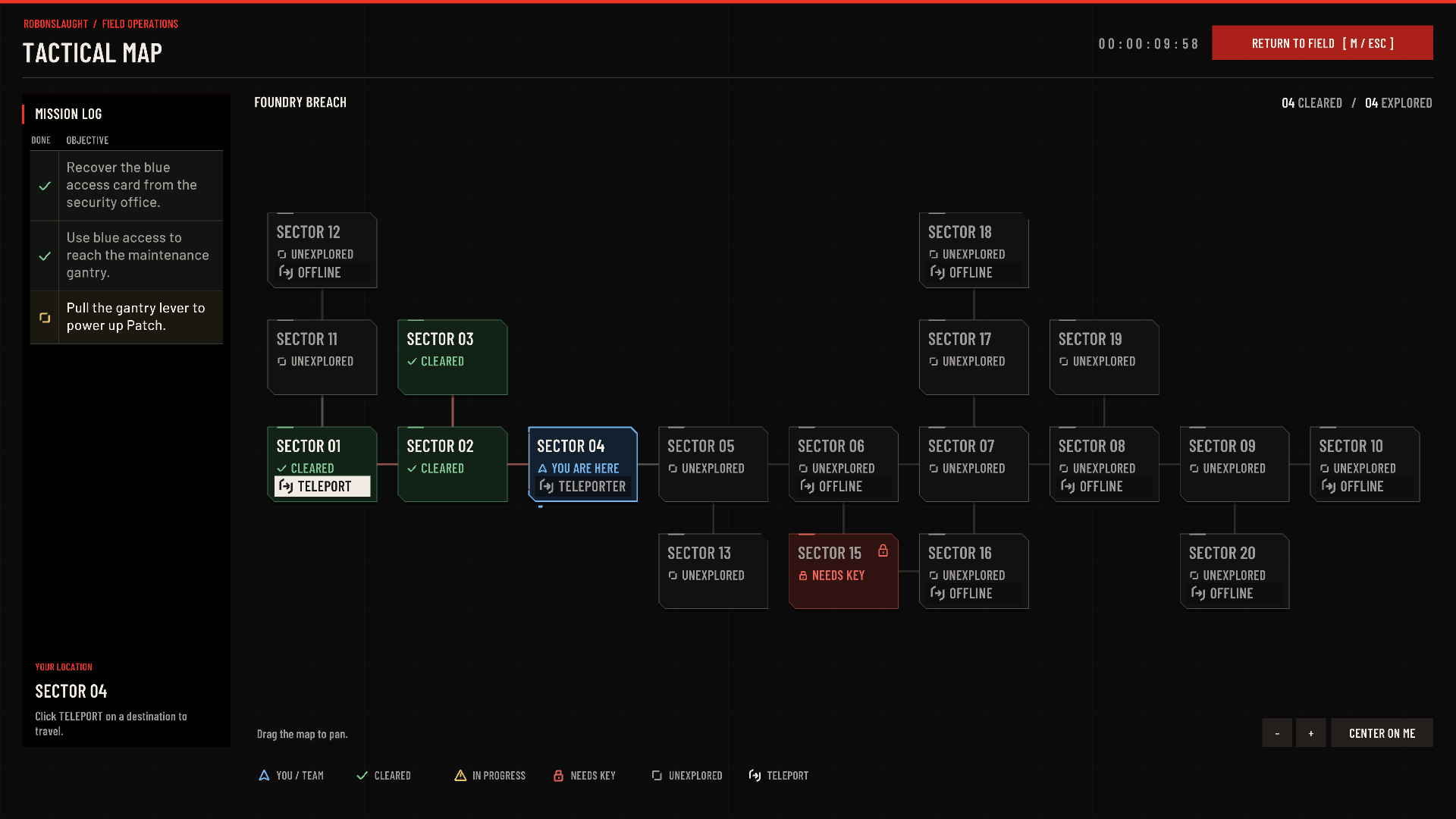 September 23 tactical map with a blue current room, green cleared rooms, a red key room, a TELEPORT action and an ordered mission table with checkmarks